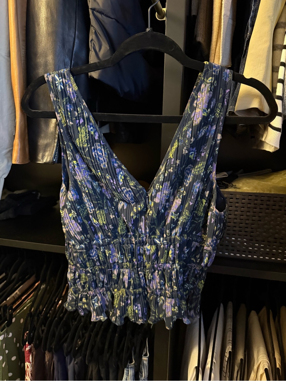 Ramy Brook Navy Floral Smocked V-Neck Tank
